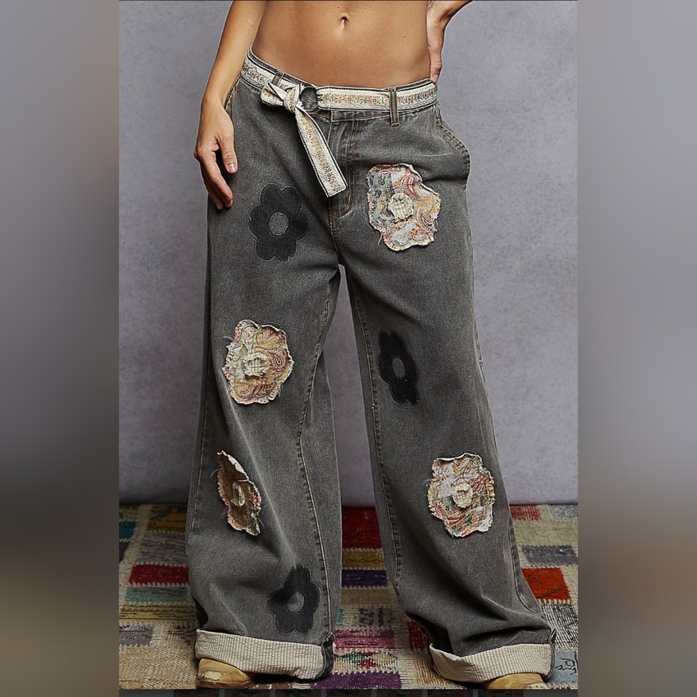 #868 POL Floral Black Denim Patchwork Pants